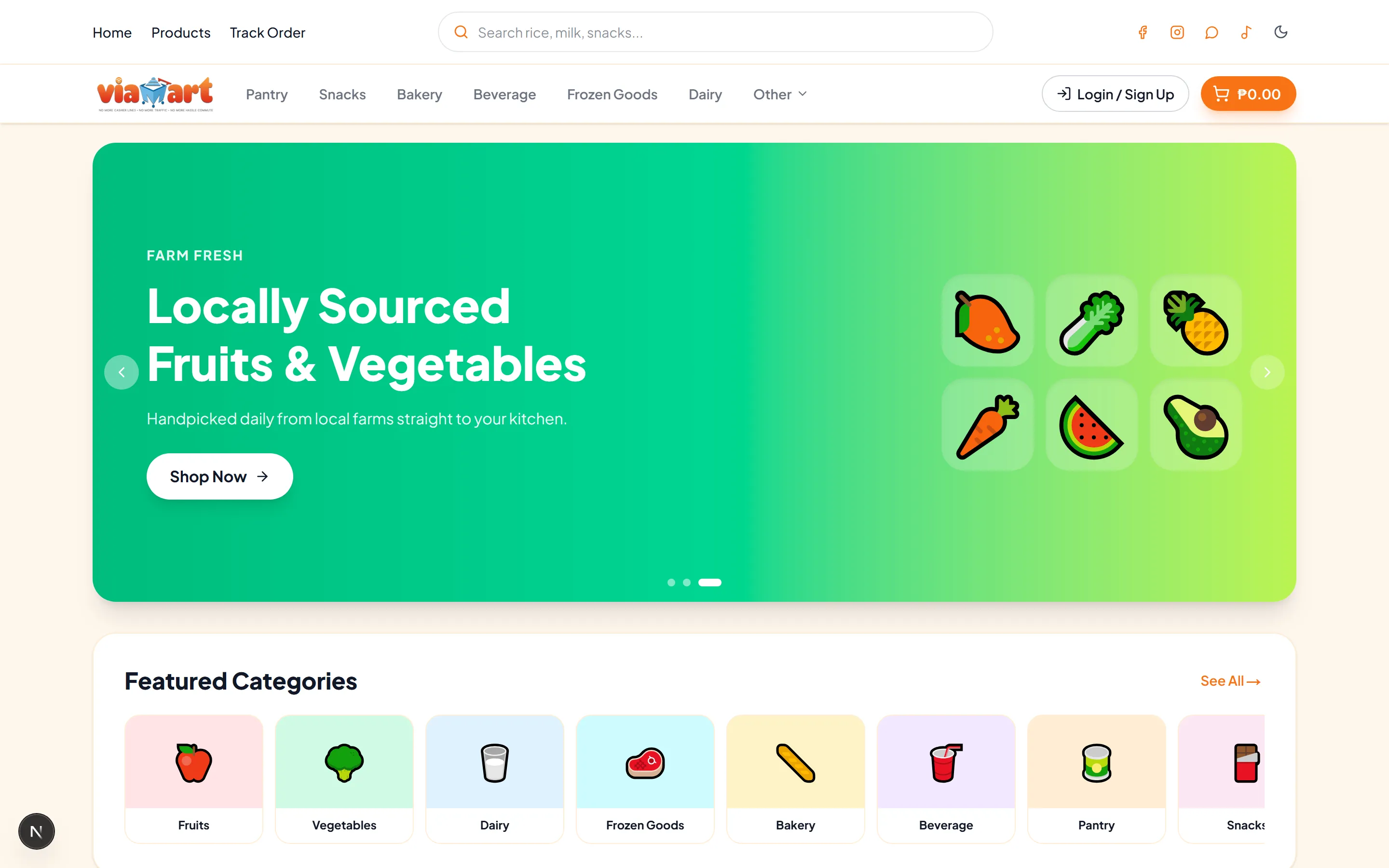 The Kartova storefront on desktop: search bar, category navigation, a promotional hero banner and a featured categories row.